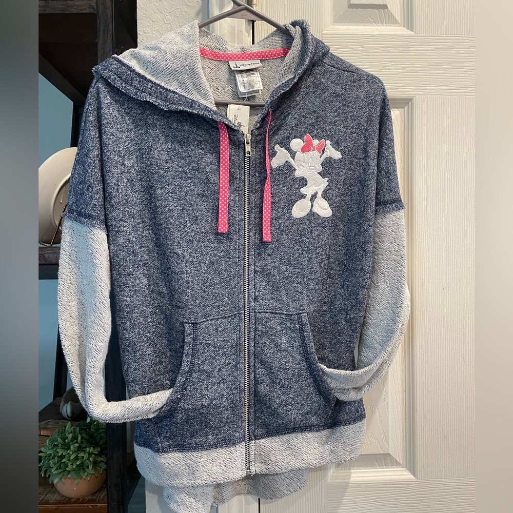 Disney Parks full zip long sleeve Heathered blue gray terry jacket Minnie Mouse